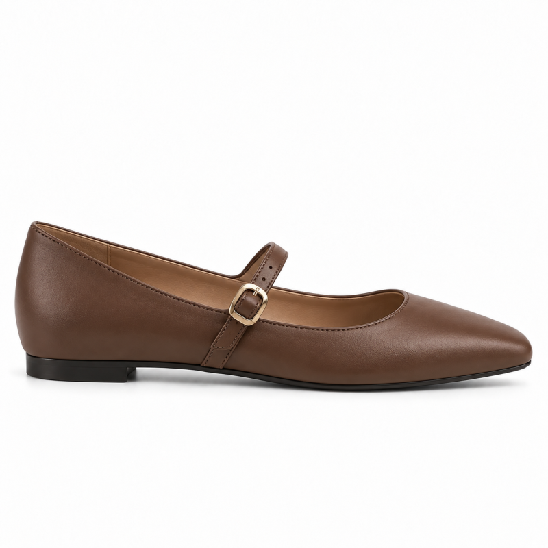 Brown Mary Jane Gold-Buckle Flats
