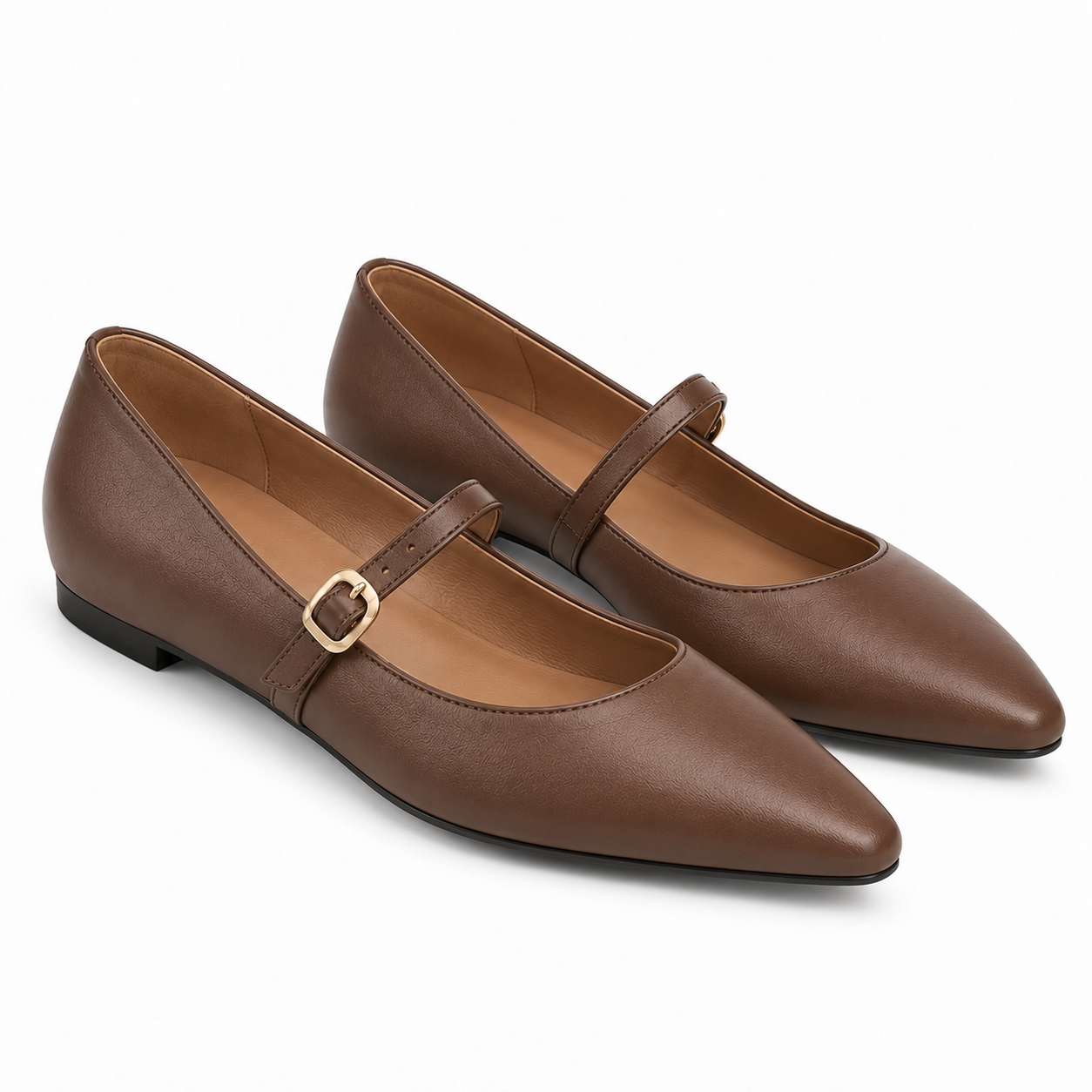 Brown Mary Jane Gold-Buckle Flats - Image 2